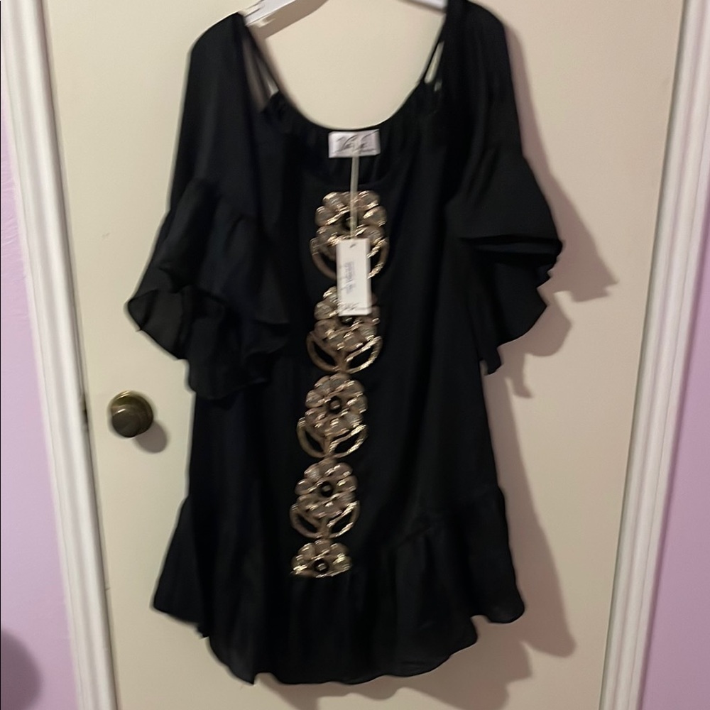 Elegant Black Midi Dress with Gold Accents